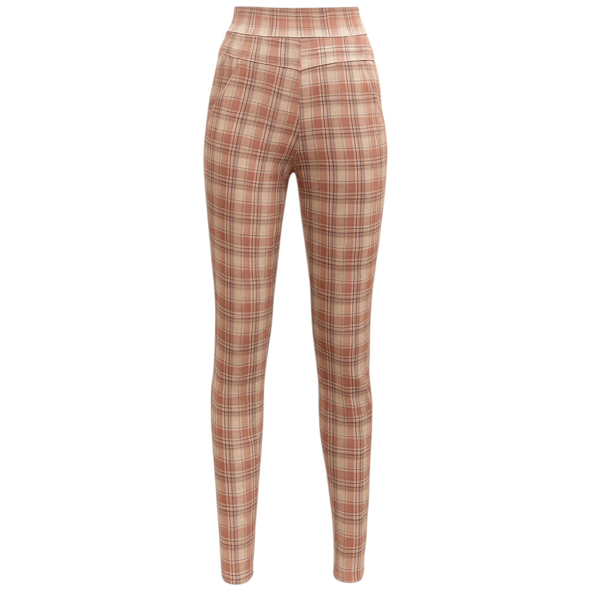 Pink Flamingo and white check slim stretch treggings for women – high-waisted pull-on trousers